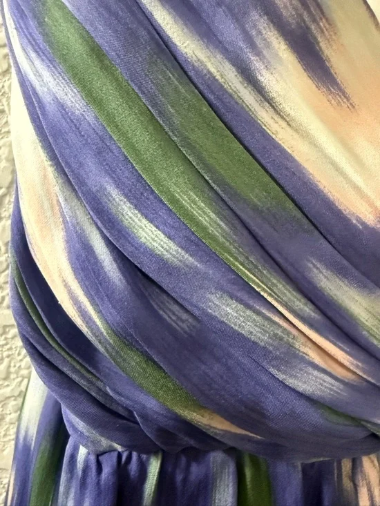 Purple Blue Abstract Print Dress | Flowy Fit & Flare Mini | 100% Silk | Size 8 - Picture 15 of 16